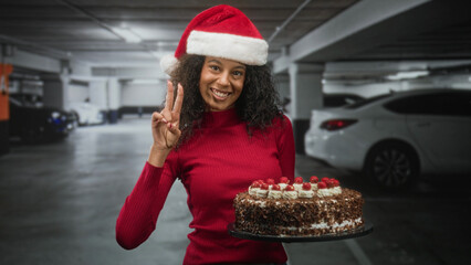 Fototapeta premium Teenage woman with curly hair wearing a santa hat holding a chocolate cake and showing a peace sign in a parking building; festive cheer.