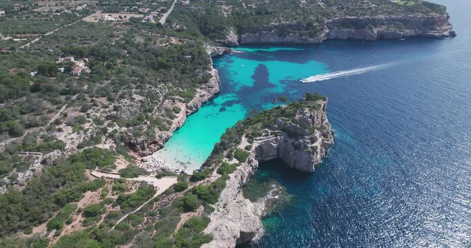 Aerial View Calo Del Moro Cove Beach Sailing Boat Mallorca