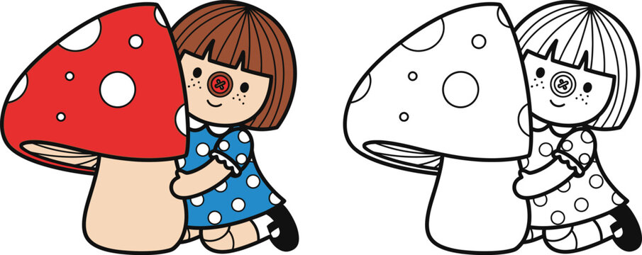 Cute Rag Doll Girl Hugging Mushroom Whimsical Coloring Page