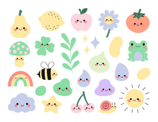Fototapeta premium Cute Kawaii Nature Sticker Set with Smiling Fruit, Weather, Bee, Frog, Snail and Pastel Cartoon Elements