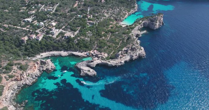 Aerial View Yacht Sailing Calo Del Moro Beach Mallorca Spain