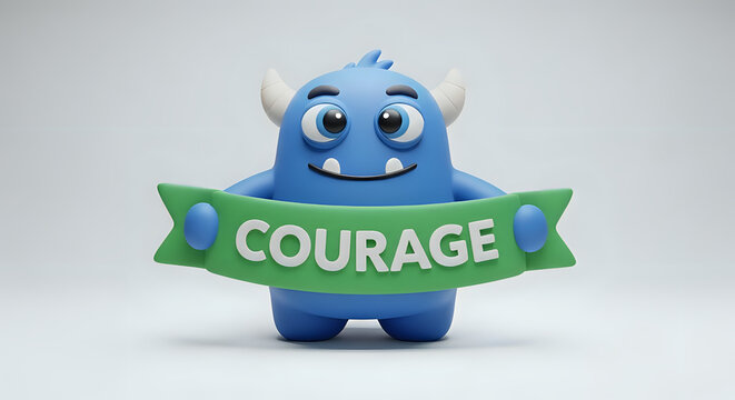 Cute blue monster with horns holding a banner that says courage self help strength fearless