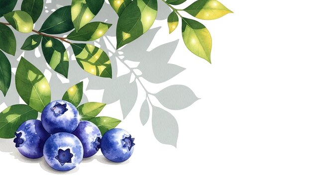 Fresh ripe blueberries under green leaves, with copy space. Soft sunlight creates botanical shadows on a white wall for organic food blogs and healthy recipe presentations.