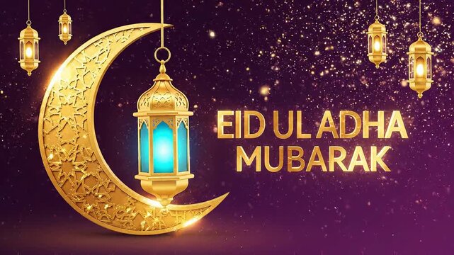 Luxurious Eid Ul Adha Mubarak Golden Crescent Moon with Hanging Lanterns and Sparkling Lights - 3D Animation