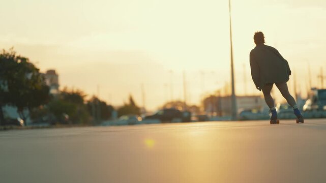 Woman roller skating on asphalt at sunset