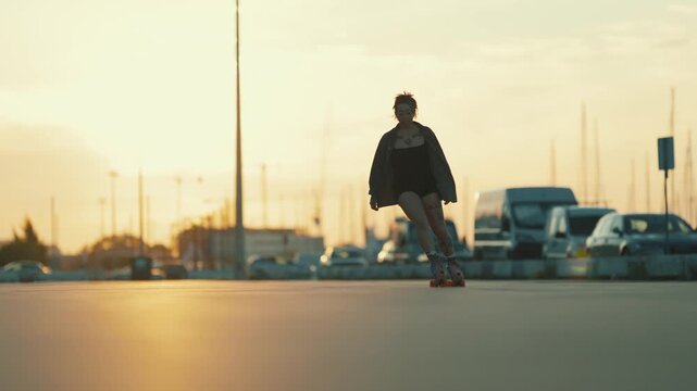 Young tattooed woman roller skating outdoors at sunset