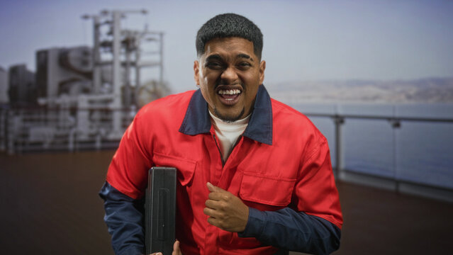 Bearded man in red uniform holding toolbox, hand to mouth shouting on industrial building deck by sea; cheerful teamwork.