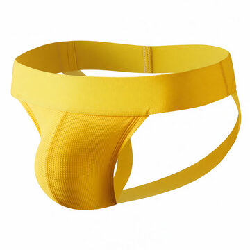 Bold yellow men's athletic supporter or jockstrap featuring a ribbed pouch and a comfortable elastic waistband and leg straps