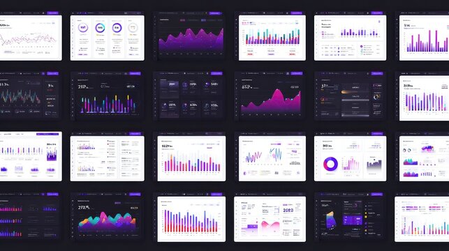 Collection of digital interface screens displaying various analytical data visualizations across a dark background.
