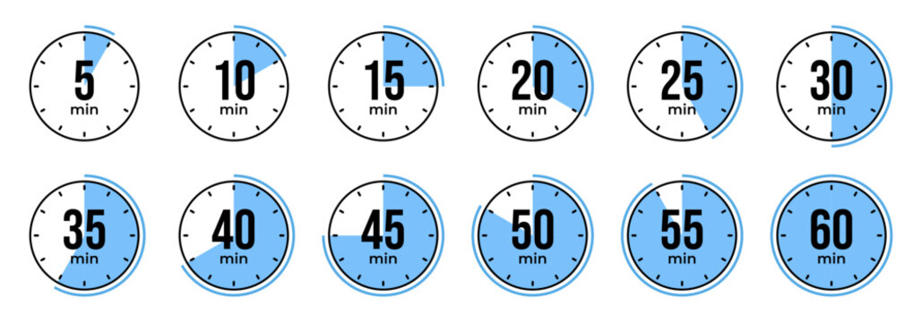 Countdown timer icons from five to sixty minutes for productivity