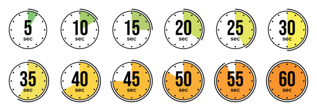 Countdown timer icons from 5 to 60 seconds for time tracking