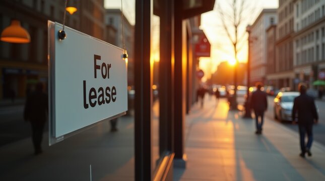 A For Lease sign hangs in the window of an empty store. City street and buildings reflect in glass at sunset. A solitary figure walks down the sidewalk as the sun sets. 