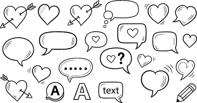 Love and communication hand drawn hearts speech bubbles and cupid's arrows silhouette isolated on transparent background