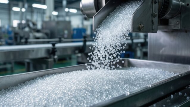 Clear plastic granules pour from machine into tray. Manufacturing process creates small pellets. Industrial production line forms raw material for goods. Factory equipment processes material.