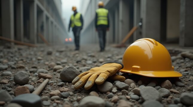 Construction site with rubble and debris. Yellow hard hat and gloves lay on ground. Blurred worker wears safety vest in background. Workplace accident scene, safety failure concept.