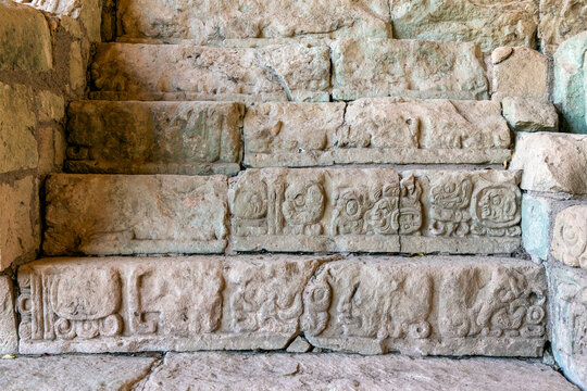 Close up of the hieroglyphics staircase, Structure 26, Copan, Honduras.