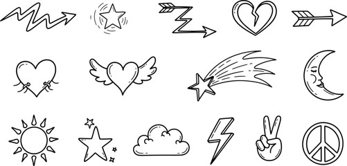 Fototapeta premium Doodle set hand drawn icons and symbols isolated on transparent background silhouette