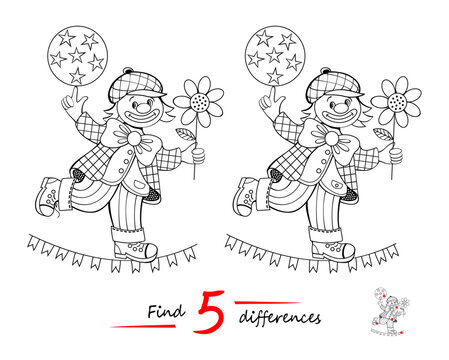 Find 5 differences. Hand drawn illustration of a cute toy clown training at the circus. Logic puzzle game for children and adults. Page for kids brain teaser book. Black and white vector drawing.