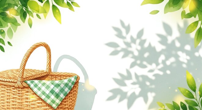 Wicker picnic basket with green checkered napkin, with copy space. Bright summer leaves and soft tree shadows create a fresh outdoor atmosphere for travel blogs and banners.