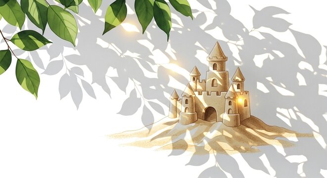 Sand castle with green leaves and sun shadows on white, with copy space. This creative illustration is perfect for beach travel blogs, kids' summer activities, and event invitations.