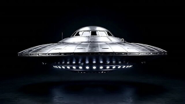 Rotating UFO Flying Saucer with Glowing Lights on Dark Background 4K