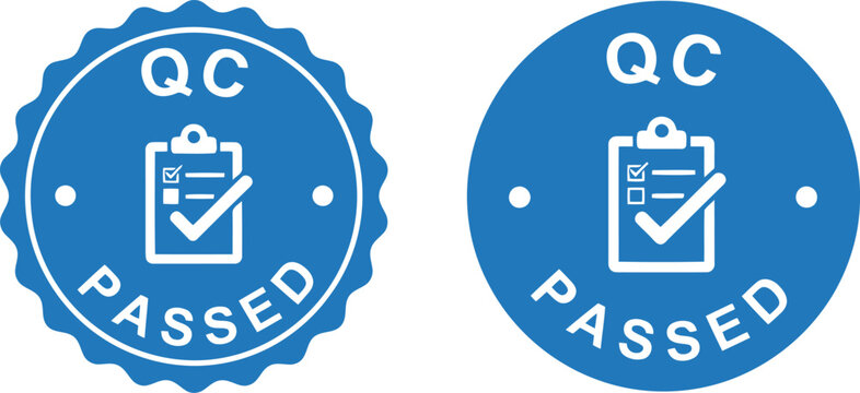 Blue QC Passed Quality Control Badge Icons with Checklist Symbol for Certification and Approval