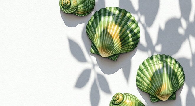 Green seashells with leaf shadows on a white surface, with copy space. This creative illustration is ideal for ocean-themed websites, tropical stationary, and summer blog headers.