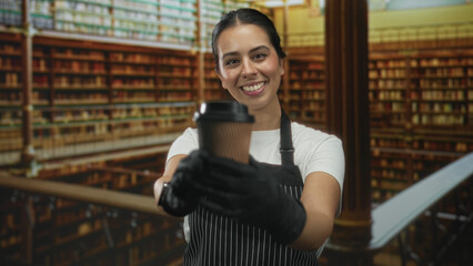 Fototapeta premium Woman holding coffee cup while wearing apron inside building library, offering the cup with gloved hands; friendly hospitality.