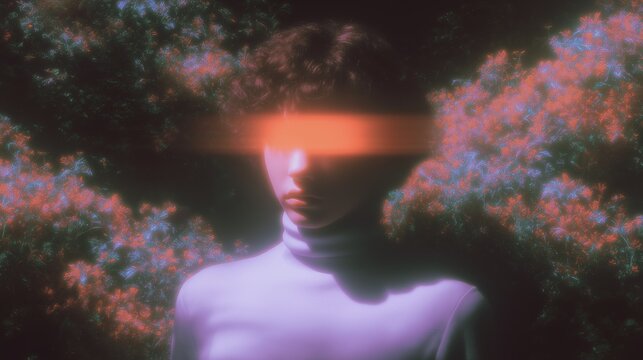A surreal portrait featuring a person with a neon light effect across their eyes, set against vibrant foliage.