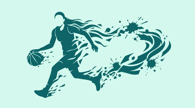 Dynamic female basketball player dribbling with abstract graphic elements