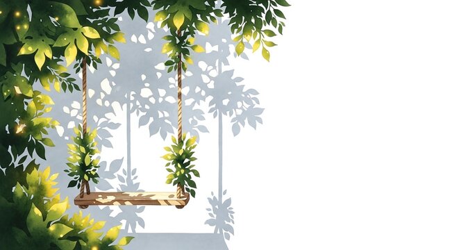 Empty wooden swing hanging under green leaves with sun shadows, with copy space. This peaceful illustration is great for summer lifestyle blogs, garden design, and greeting cards.