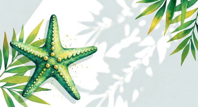 Green starfish with leaves and sun shadows on white, with copy space. This coastal art is perfect for travel blogs and summer invitations.