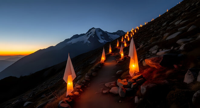 Mountain trail lined with illuminated lanterns leading to snowy peak at twilight, lanterns
