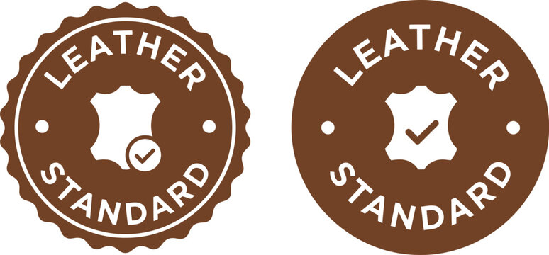 Leather standard certification badge icons set, brown quality guarantee labels for genuine leather products