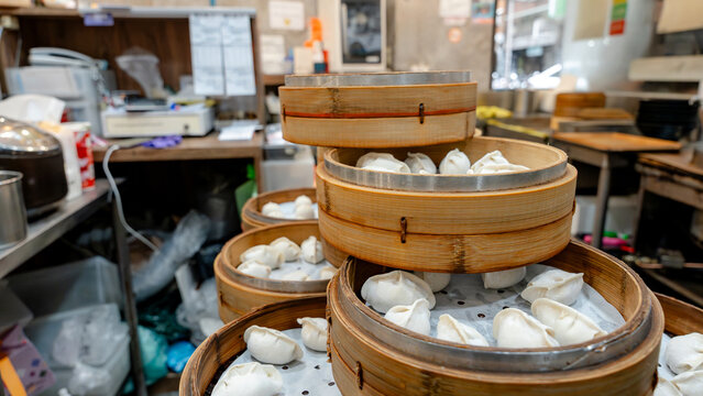 Traditional Taiwanese dumplings in bamboo steamers