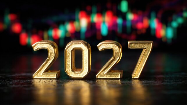 Three dimensional golden numerals representing the year two thousand twenty seven rest on a reflective surface before a colorful chart display.