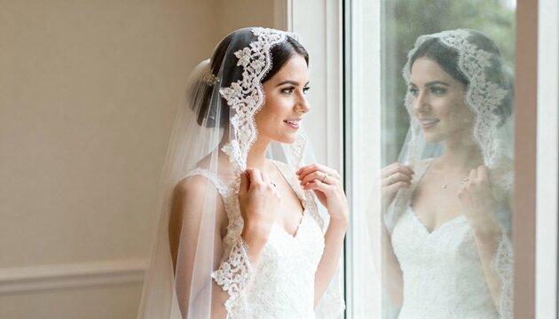 Bride in white lace wedding dress and veil looking out a window. Reflection of woman in glass. Elegant bridal portrait with natural light. Wedding preparation concept