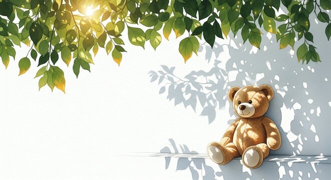 Teddy bear sitting under green leaves with sunlight shadows, with copy space. This charming illustration is perfect for nursery decor, children's blogs, and greeting cards for baby showers.