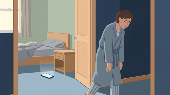 Mourning: Depicting a person in a mournful state, a poignant portrayal of the trials of life. The individual appears burdened by sadness and weariness as they stand near the door.