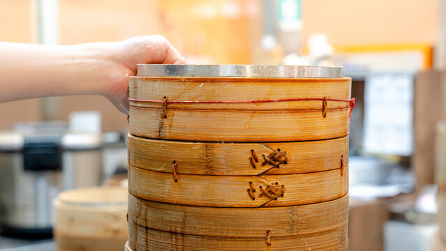 Taiwanese steamers for dumplings in a restaurant kitchen