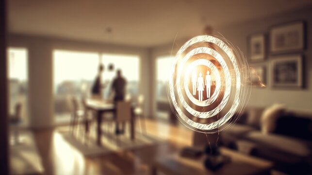 Digital representation of human figures overlaid with a glowing circular target symbol inside a modern living space