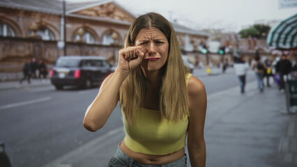 Fototapeta premium Woman rubbing her eye and pouting in a yellow crop top on a busy street in front of an arched building; vulnerability sadness.