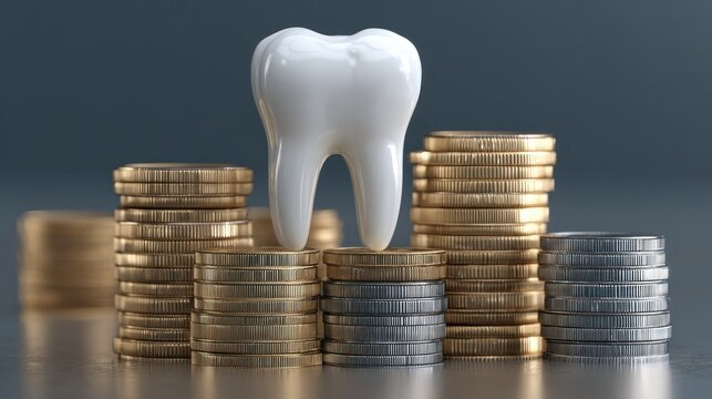 Three dimensional representation of a molar perched atop stacks of metallic currency