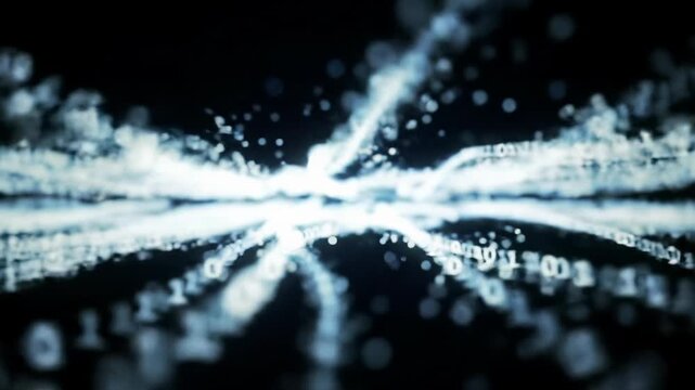 Luminous white and light-blue digital particles glow and flow horizontally in a deep black digital abyss with soft bokeh, symbolizing resolution, efficiency, and secure data transmission. Concept of