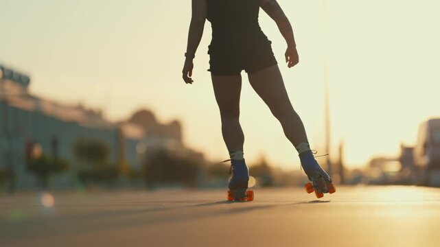 Woman rollerskating away into the sunset