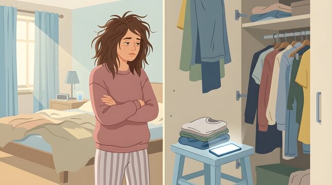 Morning Routine Dilemma: A woman stands looking at her wardrobe with a thoughtful expression. The scene portrays the relatable struggles of everyday life, morning anxiety and clothing choice.