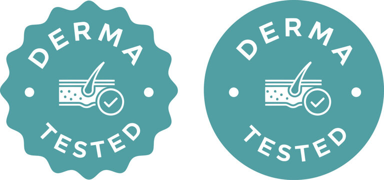 Derma Tested Badge Icons for Skincare Products, Dermatologically Approved Certification Labels, Vector Set