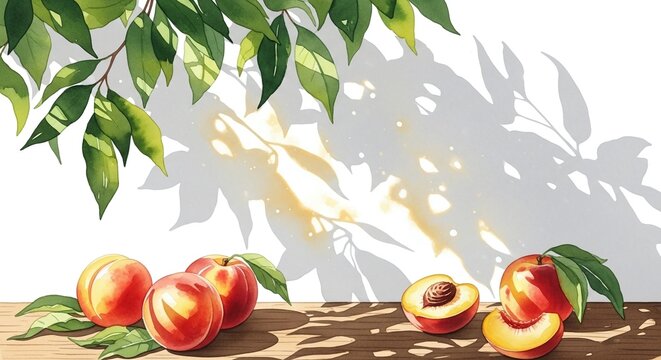 Watercolor ripe peaches on a wooden table with lush green leaves and soft shadows, with copy space. This sunny fruit composition is ideal for culinary blogs, organic food websites and seasonal decor.