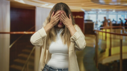 Fototapeta premium Woman holds both hands up in stop gesture with palms visible, tense facial expression, wearing white top and beige shirt, inside building with railing and staircase; anxiety alarm.