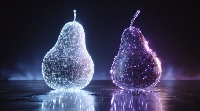 Glowing digital representations of fruit stand side by side on a reflective surface